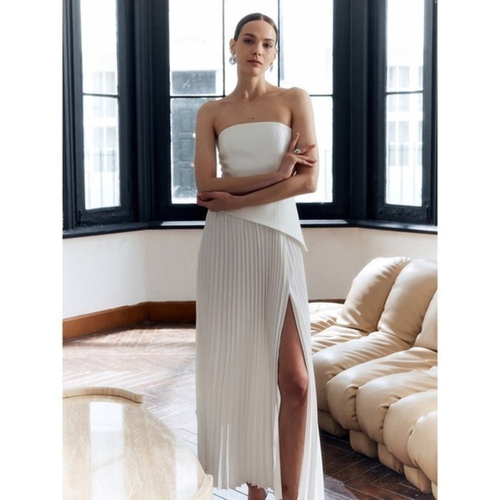 Commense White Strapless Pleated Maxi Dress with Slit - Elegant Party Cocktail - Picture 6 of 12
